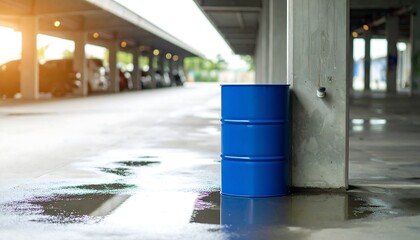 Blue barrel on wet concrete in parking garage