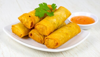 Golden Fried Spring Rolls with Sweet Chili Sauce on White Plate.