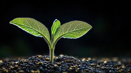 A small green plant is growing in the dirt