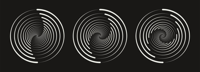 Set of different twisted speed lines in circle form. Abstract geometric circles with rotating radial lines who consisting of two sections. Design element for logo, prints, template or posters
