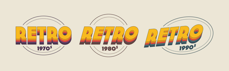 Collection of vintage retro logo inspired by 1970s, 1980s and 1990s aesthetics. Design features colourful elements and bold typography. Can be use for posters, branding, printing and logo