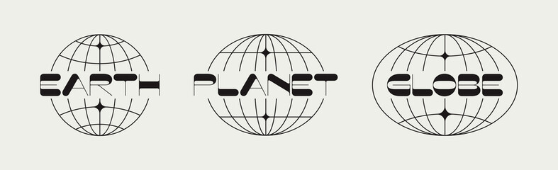 Set of three minimalistic logo designs with World globe grids. Badges design with retro futuristic design elements featuring the words Earth, Planet and Globe. Vector illustration 