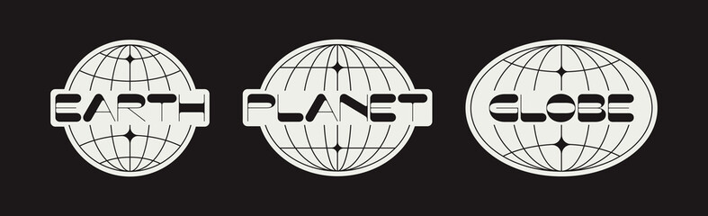 Set of three minimalistic logo designs with World globe grids. Badges design with retro futuristic design elements featuring the words Earth, Planet and Globe. Vector illustration 