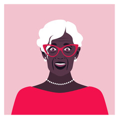 An elderly woman's amazed face. Portrait of a surprised African grandmother. Delight and admiration. Vector Flat Illustration