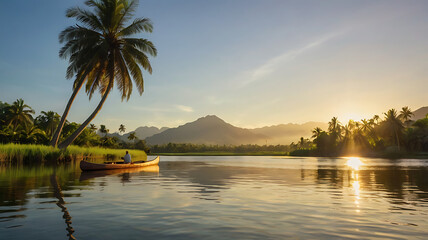 Calm river with a wooden canoe beneath the gentle shade of a swaying palm tree