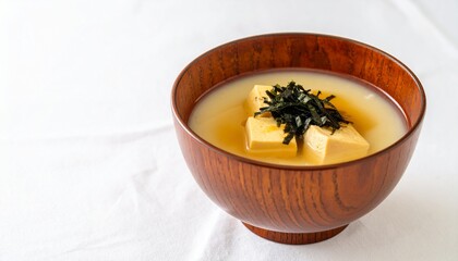 Miso Soup with Tofu and Seaweed in a Wooden Bowl on White Cloth.