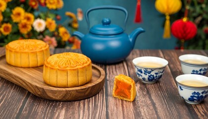 Mooncakes Tea and Lanterns A Festive MidAutumn Festival Still Life.