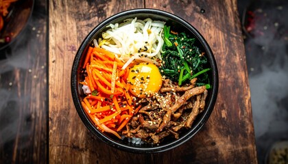 Overhead View of Colorful Bibimbap Bowl on Rustic Wooden Table.