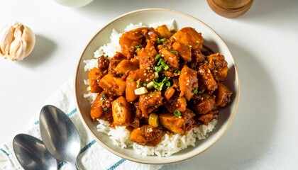 Overhead View of Delicious Chicken and Rice Dish with Garlic and Spoons.