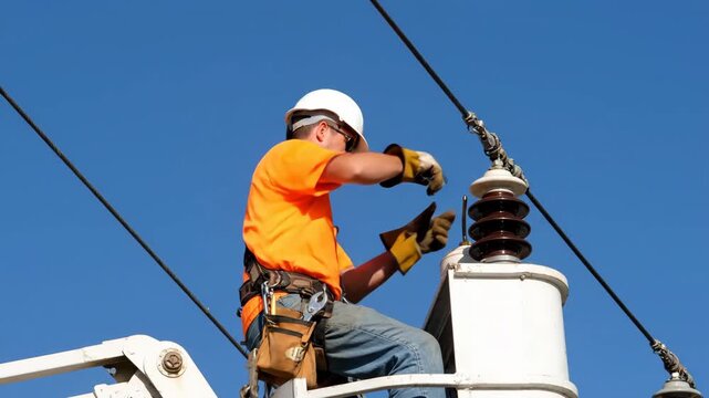 Electrician Repairing Power Lines - A lineman in an orange shirt and hard hat works on high-voltage power lines from a bucket truck, sparks flying as he uses a grinder.