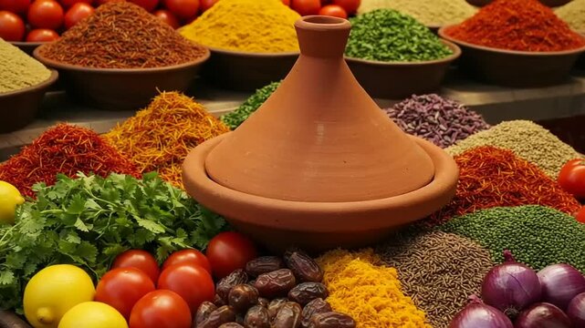 Colorful spices and fresh produce at a vibrant market