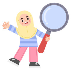 Illustration of a hijab girl holding a magnifying glass