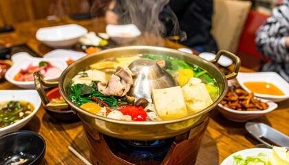 Steaming Hot Pot with Assorted Ingredients on a Wooden Table.
