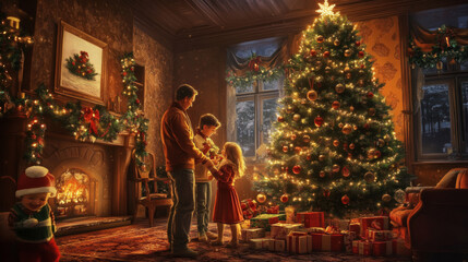 Naklejka premium christmas, box, colours, occasion, ribbon, carpet, eve, party, room, surprise, boxing, event, festive, floor, greeting, happy, indoor, light, merry, new, night, package, paper, present, tree