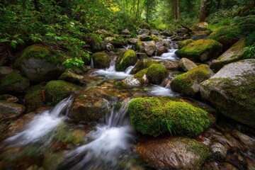 Forest stream with mossy rocks