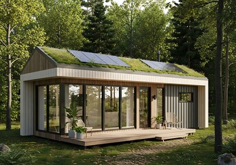 Modern ecofriendly cabin with solar panels in forest