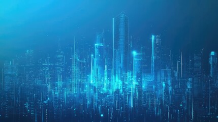 Abstract future city building tech background. Blue digital smart futuristic cityscape concept. Innovation and data hologram for virtual reality. Cyber metaverse network bg. Urban business energy