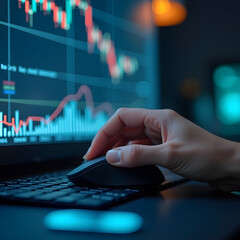 A detailed shot of a hand resting on a computer mouse. The screen displays a complex predictive model, with generative AI analyzing past data to forecast future market trends. The hand's presence sign