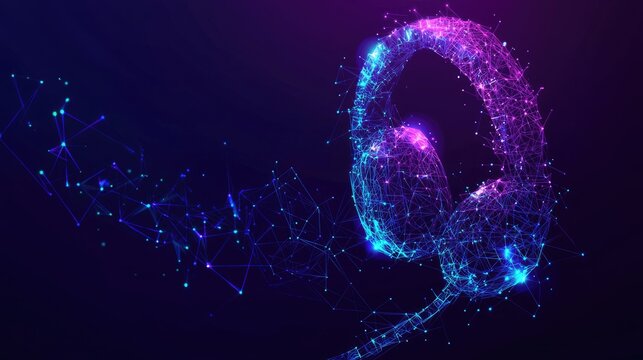 Abstract polygonal call center icon. Digital handset and bubble talk in technology blue purple polygons. Talking with service call support hotline concept. 3d low poly wireframe vector illustration. - Powered by Adobe