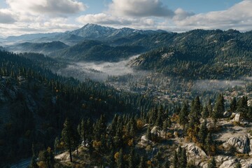Fototapeta premium Mountain valley vista, misty morning light. Lush forest, rocky peaks