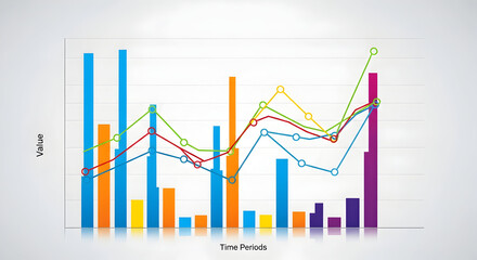 Financial chart with fluctuating lines and colorful bars, representing market performance, data analysis, and economic insights