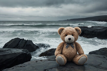 Plush Teddy Bear on Rocks Overlooking Stormy Ocean (AI-generated)