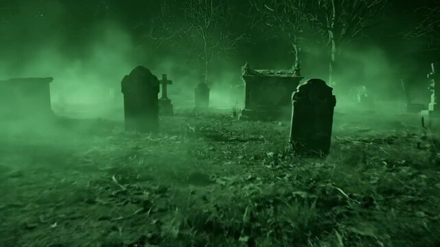 Spooky Foggy Graveyard at Night - A first-person perspective of walking through a graveyard at night. Tombstones are shrouded in a thick green fog, creating an eerie and mysterious atmosphere.