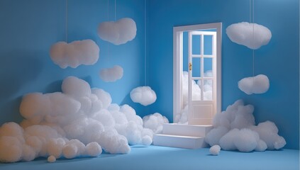 Dreamy, white clouds surround a light-filled door