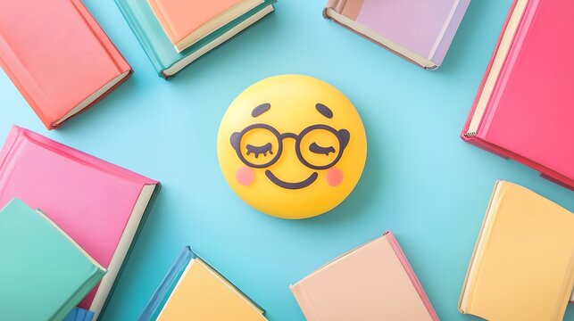Cute emoji character with glasses surrounded by colorful books, perfect for back to school designs