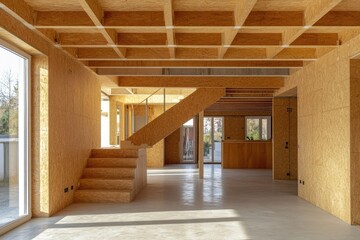 Interior of a modern home featuring wooden construction.