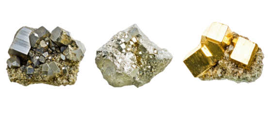 Pyrite Mineral Collection Displayed Against Transparent Background with Golden Cubes and Natural Textures