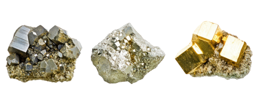 Pyrite Mineral Collection Displayed Against Transparent Background with Golden Cubes and Natural Textures
