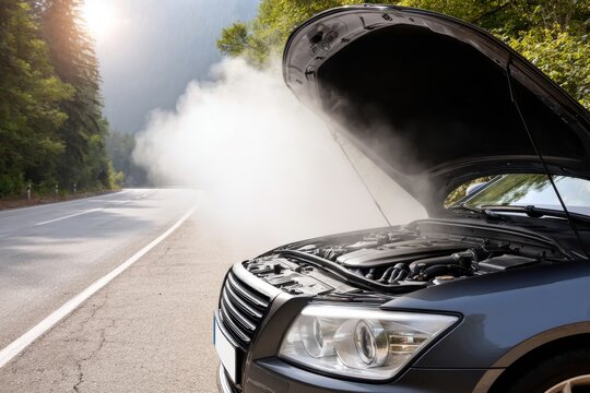 Overheated car engine smoking on the side of a road, with open hood, surrounded by forest and mountains.