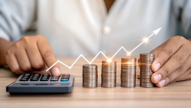 Financial growth and investment success with calculator and coins