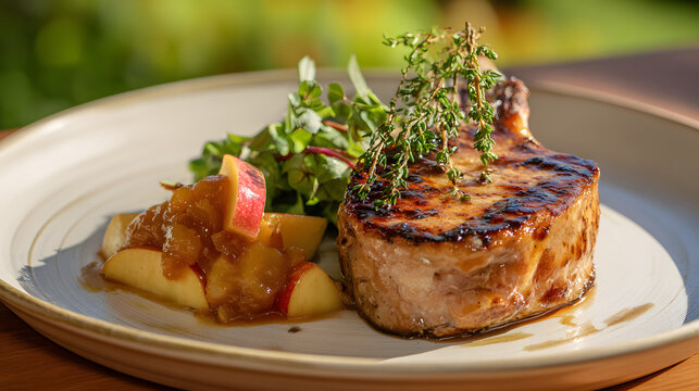 Succulent Pan-Seared Pork Chop Served with Fresh Apple Compote and Microgreens on Elegant Plate - Powered by Adobe