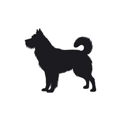 Black Silhouette of Fluffy Dog Standing in Profile, Isolated on White Background

