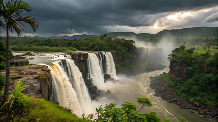 Fototapeta premium Majestic multi-tiered waterfall cascading down rugged cliffs.