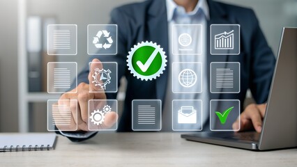 Business professional interacting with digital quality and compliance icons