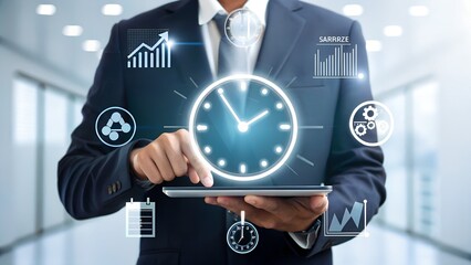 Businessman interacting with digital clock and financial data interface