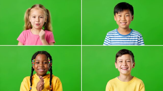 Diverse Kids Video Call Green Screen - Four diverse children smile and laugh during a video call. Each child is shown in a separate quadrant against a bright green screen, perfect for chroma keying.