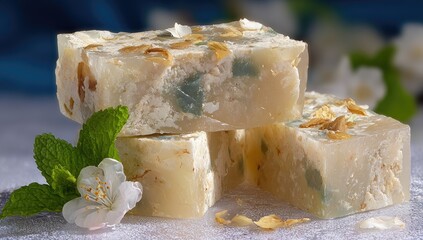 Stacked soap bars, light beige, flecks of teal,  mint, flowers