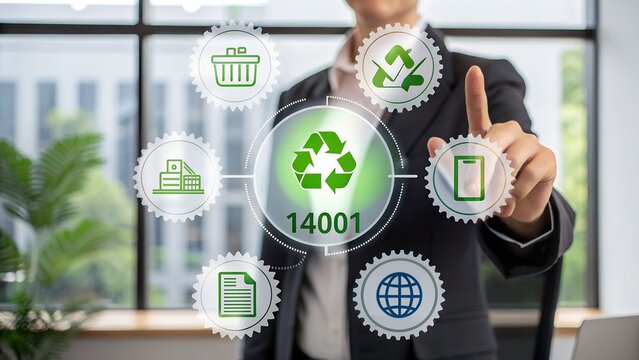 Business professional interacting with environmental management system icons