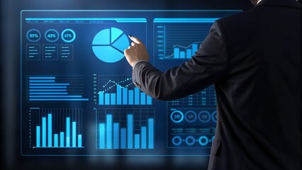Business professional analyzing financial data on a futuristic digital display