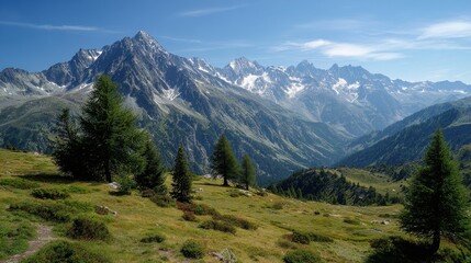 Fototapeta premium Majestic Alps mountain range view, summer hike, scenic valley, postcard potential