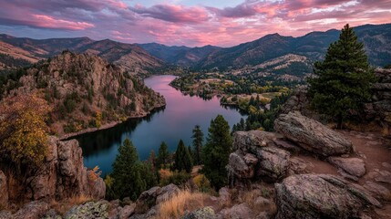 Serene mountain lake at sunset, autumn colors
