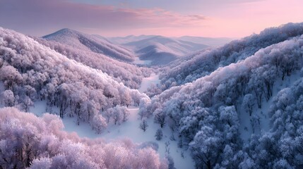 Aerial view of winter wonderland landscape with snow covered trees mountains and pink sky background scene