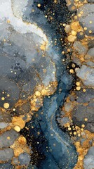 Abstract fluid art with grey, blue, and gold accents