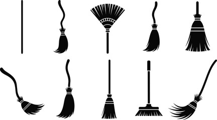 Broom silhouettes, various broomstick designs, cleaning tools, black icons, household equipment, sweeping vector, curved handles, push broom, compact bristles