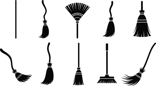Broom silhouettes, various broomstick designs, cleaning tools, black icons, household equipment, sweeping vector, curved handles, push broom, compact bristles