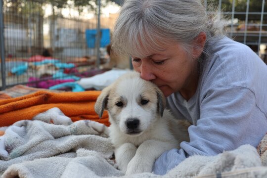 Afternoon at an animal shelter with barking dogs and soft blankets A woman comforts a puppy while cleaning its space The mood is gentle and hopeful, Generative AI - Powered by Adobe
